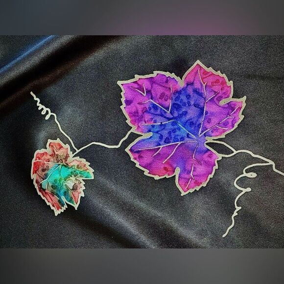 Vintage hand painted silk scarf fall leafs open work - black 10” x 64” - Picture 5 of 5